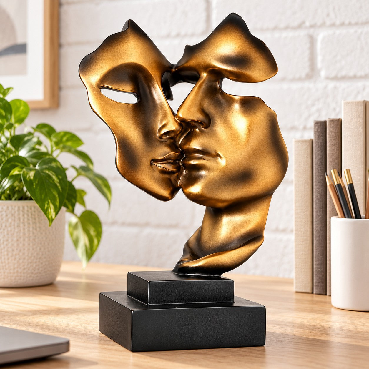 Golden Abstract Kissing Couple Resin Figurine Double Mask Ornament Home Decor