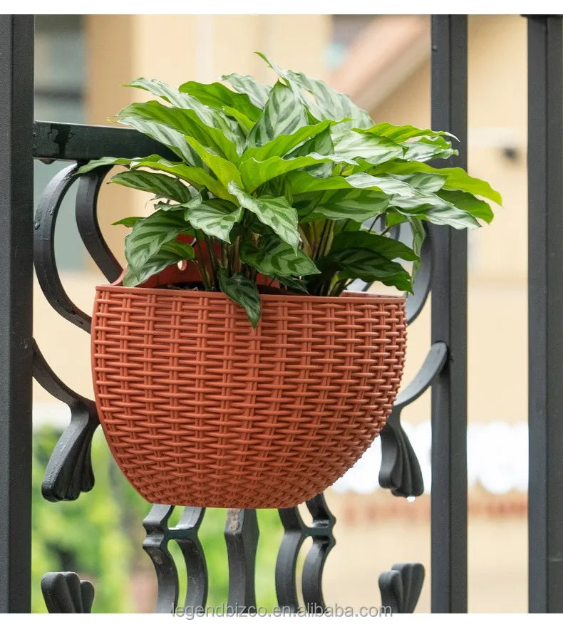 Half-Round Faux Rattan Wall Planter Hanging Flower Pot