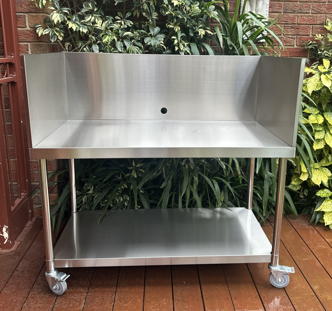 Stainless Steel Commercial BBQ Kitchen Table with Tall Splashback & Wheels