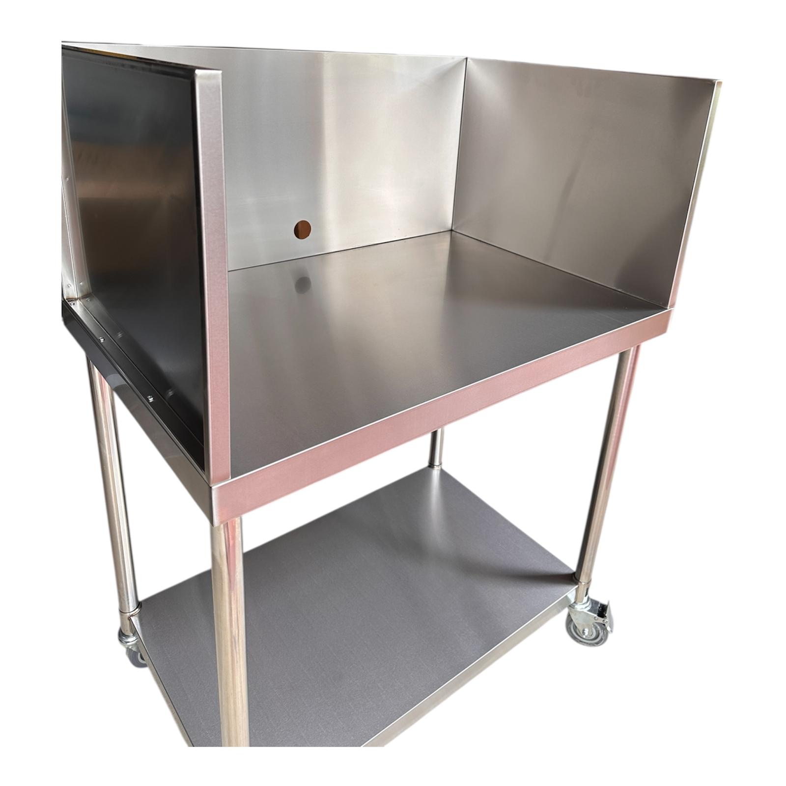 Stainless steel pizza oven stand with splashback and wheels
