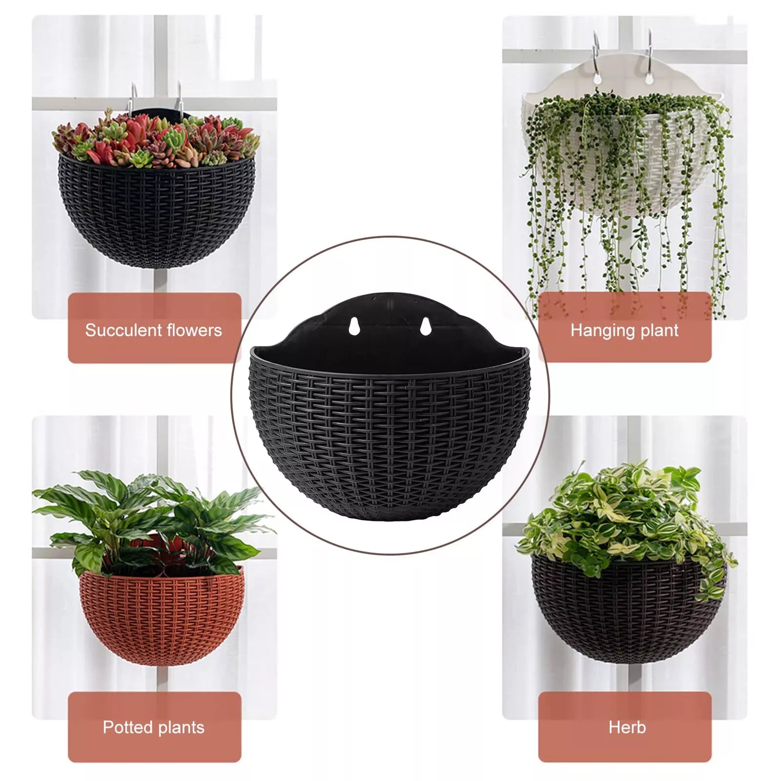 Half-Round Faux Rattan Wall Planter Hanging Flower Pot